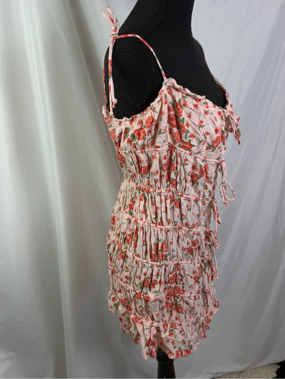 Floral Ruched Tie Strap Mini Dress Pink Rose Cottagecore Coquette Babydoll L - Picture 3 of 8